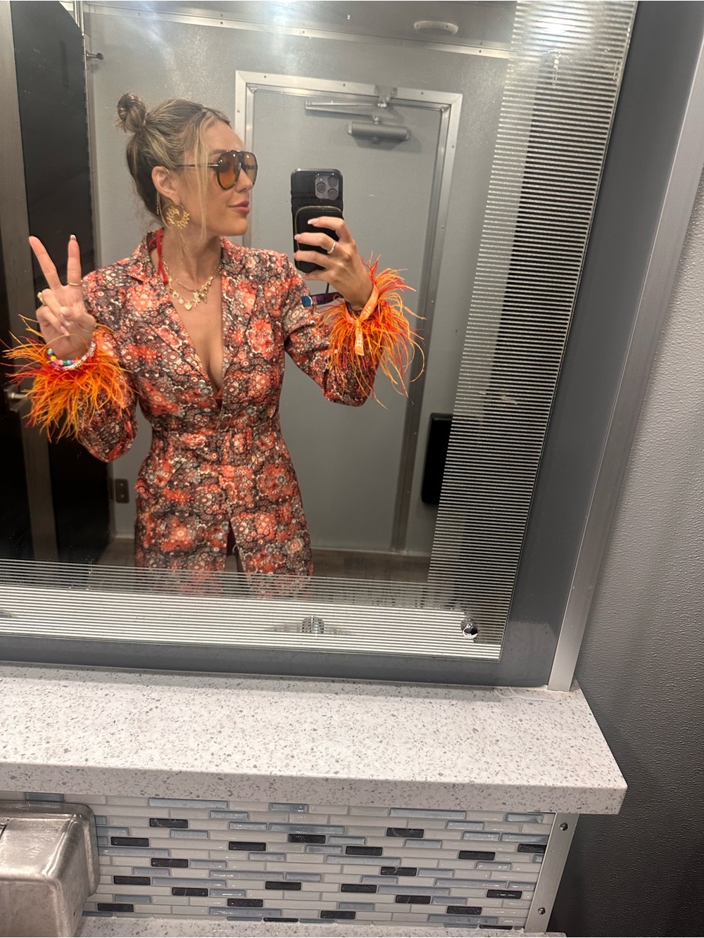 Women's Orange Floral Blazer with Feather Cuffs